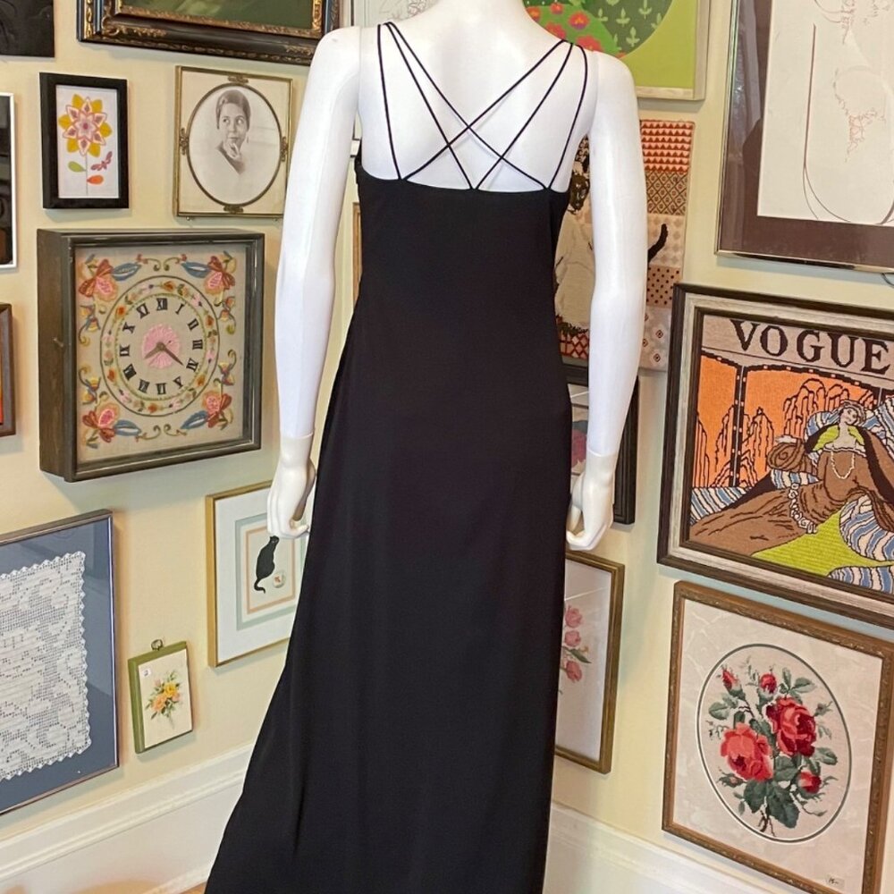 90s Vintage Shelli Segal Laundry Black Multi Cross Strap Column Maxi Gown Size 8
